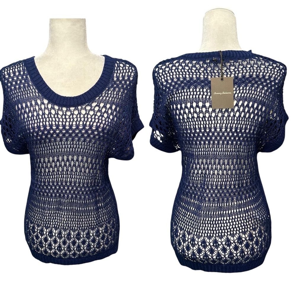 TOMMY BAHAMA Womens Size XS Linen Blend Blue Open Knit Beachy Sweater Topper NWT